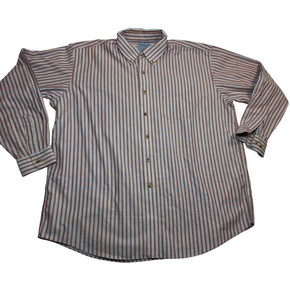 LL Bean Button Down Shirt Men's Brown Blue Striped Excellent Long Sleeve XL Reg